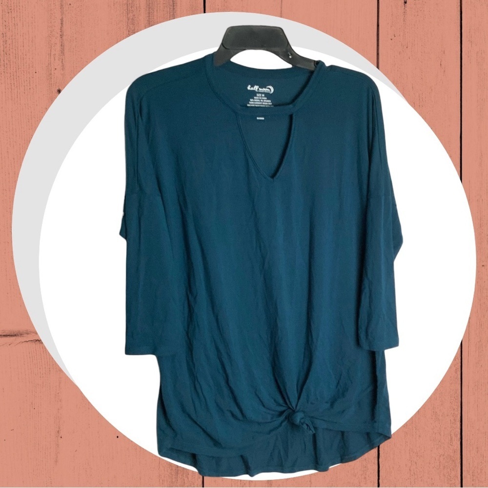 Half Moon by Modern Movement Dark Teal 3/4 Sleeve Stretchy Tie Front Top Wm M - Picture 2 of 8